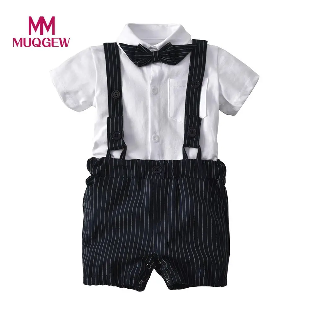 Baby's set Boys Gentleman Bowtie Striped Short Sleeve Shirt Overall