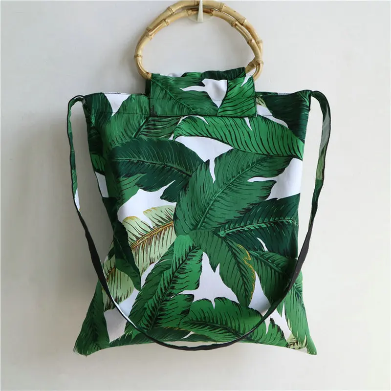 

Bohemian banana leaf tote women bamboo handle bag printed canvas shopping bag big shoulder soft cross body handbag messenger bag
