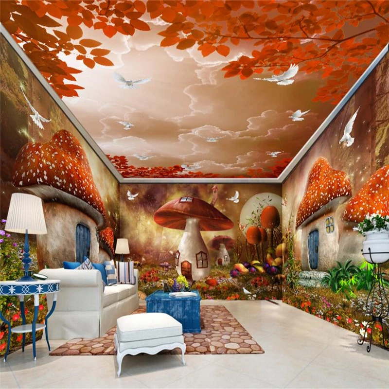 

beibehang Dream fairy tale mushroom house forest Wall Paper for Children's room Wall Covering Bedroom Mural Background Wallpaper