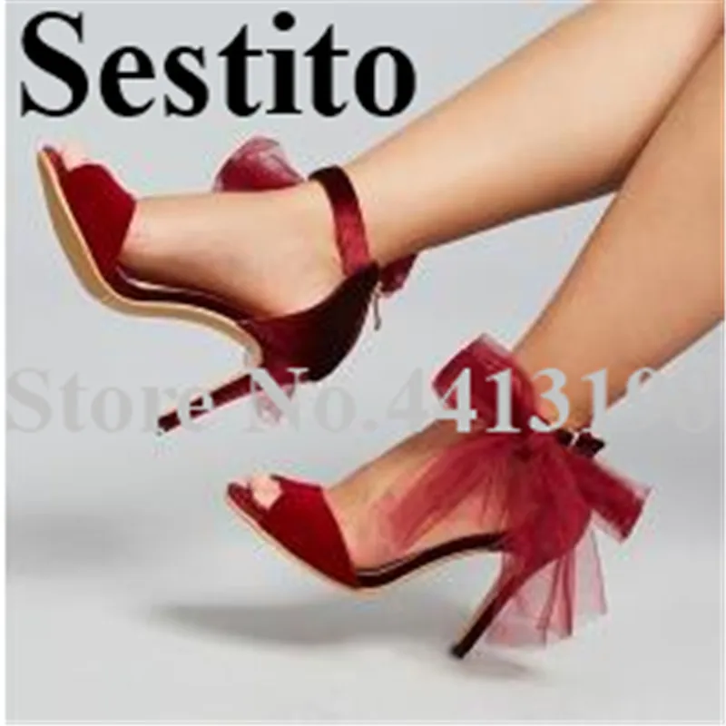 

2019 European Fashion Red Mesh Butterfly-Knot Peep Toe Stiletto Heels Sandals Ankle Buckle Strap Zip Cover Heel Women Shoes