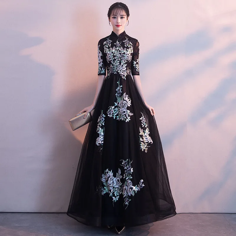 Традиционная вышивка цветочный Cheongsam элегантный половина рукава китайский женское вечернее платье Винтаж Восточный невесты свадебное Qipao