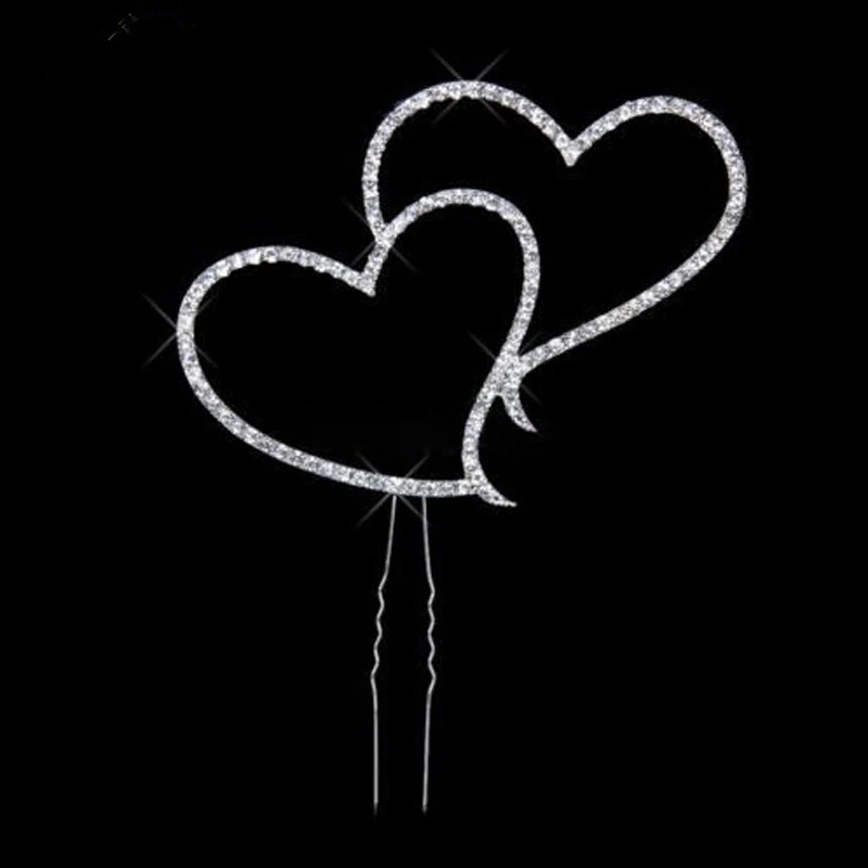 Brand Romantic Crystal Rhinestone Silver Double Heart Cake Topper Wedding Decoration Newsale Hot Sale