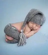 Grey Hat + Trousers Set Handmade Infant Baby Costume Knitted Beanies Hat Newborn Photography Prop Crochet Hats Caps Accessories