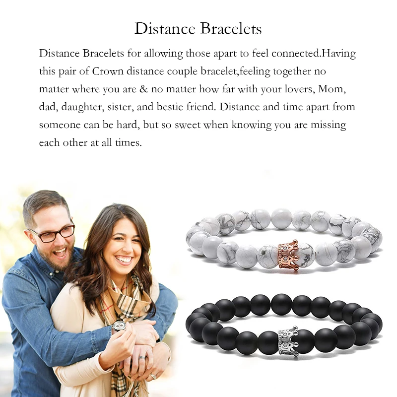 HIYONG King&Queen Crown Distance Couple Bracelets Matte Agates White Howlite CZ Crown 8mm Beads Bracelet Natural Stone Jewelry HIYONG King&Queen Crown Distance Couple Bracelets Matte Agates White Howlite CZ Crown 8mm Beads Bracelet Natural Stone Jewelry