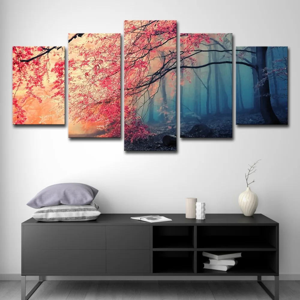 5P0037 Canvas HD Prints Posters Home Decor Wall Art Red Trees Forest Pictures 5 Pieces Cherry Blossoms Paintings Living Room Framework  (6)