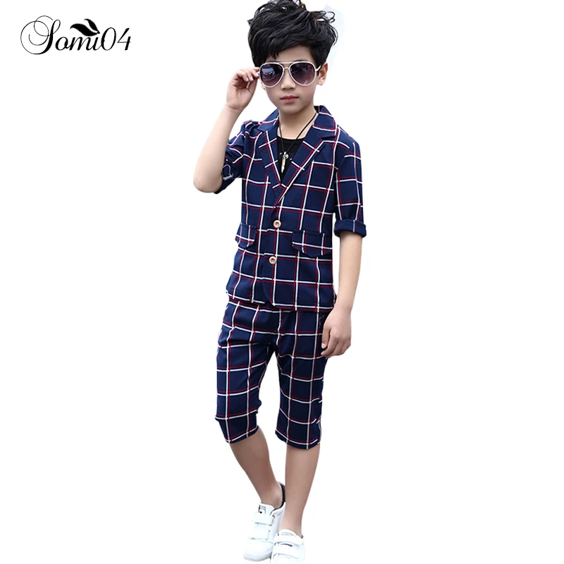 

Fashion Boy Suits Blazers 2018 Summer Party Formal Coats + Pants + Vest 3 Pc/Set Plaid Trendy Kids Children Navy Beige Outfits