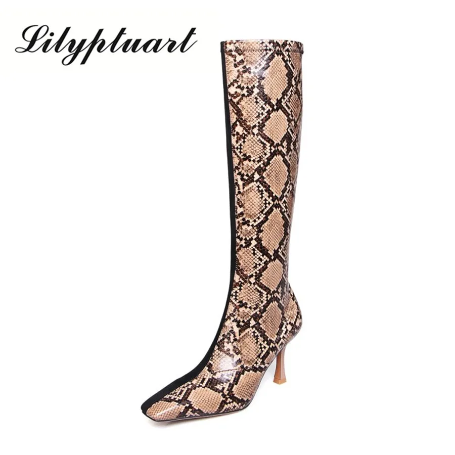 

2019 European and American style snake pattern stitching high heel but knee boots side zipper tendon soles fashion boots women