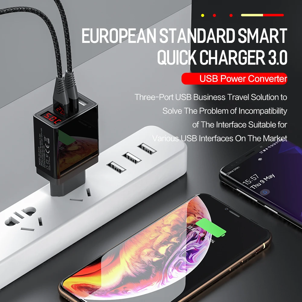 ROCK Quick Charge 3,0 зарядное устройство для телефона USB 30 Вт QC3.0 светодиодный светильник дисплей QC Turbo Быстрая зарядка для iPhone Xiaomi Mi 9 huawei P30 Pro