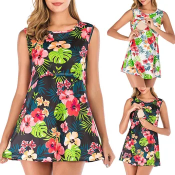 

Women's Pregnant Maternity Nursing Flower Print Round Neck Sleeveless Mini Dress Fashion Casual Cute Green robe photo grossesse