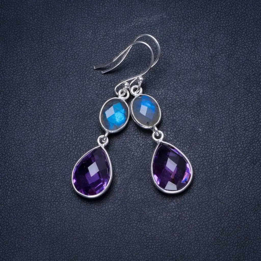 

Natural Amethyst and Labradorite Handmade Unique 925 Sterling Silver Earrings 1.75" X3542