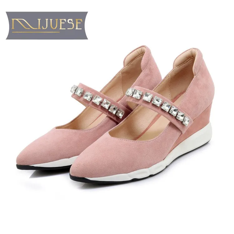 

MLJUESE 2018 women pumps autumn spring slip on Pink color high heels wedge pumps party wedding casual crystal Mary Janes pumps