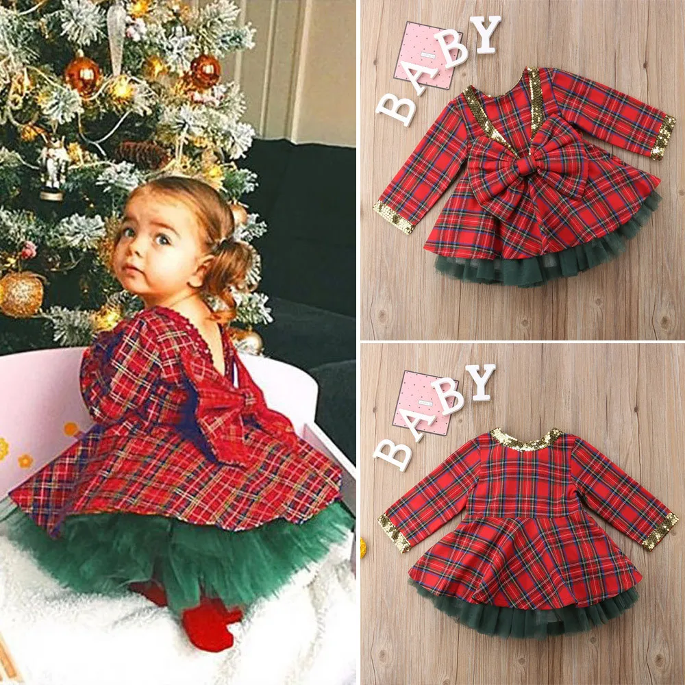 

Kids Baby Girls Christmas Dress Toddler Kids Princess Plaid Bow Dress Tops+Tutu Tulle Dress 2pcs Baby Girl Xmas Party Drses Sets