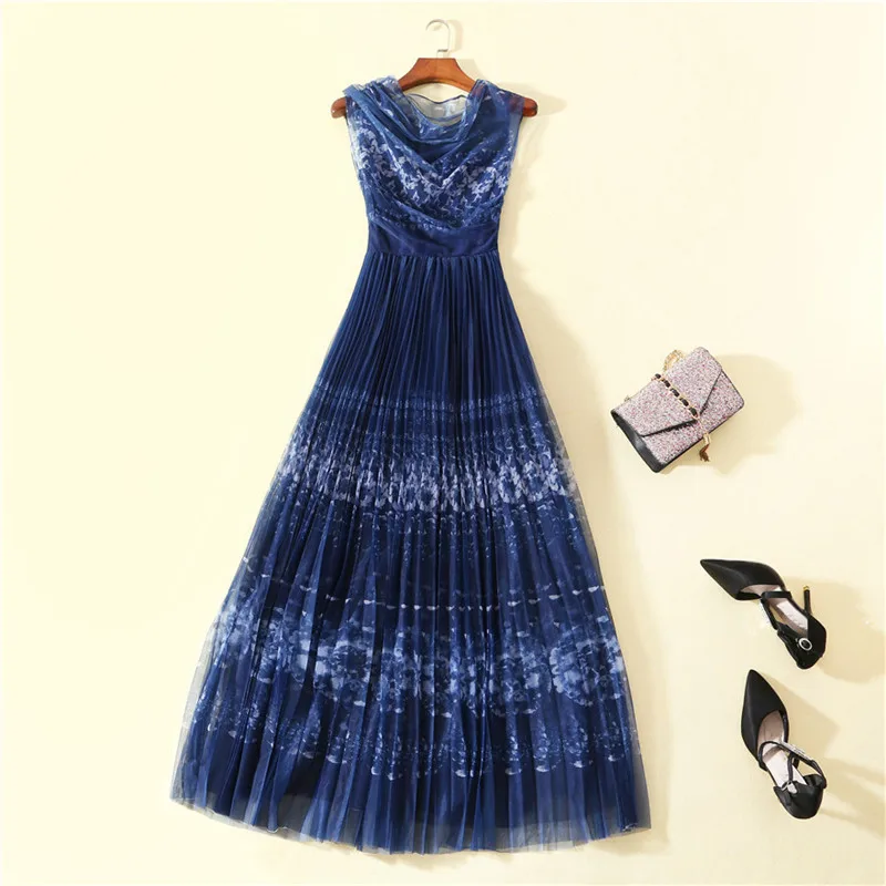 

Brand Designer Runway Maxi Dress 2019 Spring Summer Women's Fashion Sleeveless Blue Print Long Pleated Prom Party Dresses