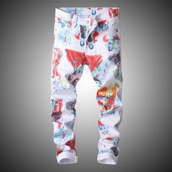 

Casual Printing White Denim Pant Men Slim Stretch Pant Personality Print Denim Pants Men Casual Printed Trousers for Male D2810