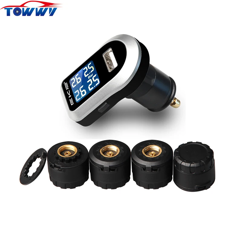 Professional car wireless tyre pressure monitoring system TPMS 4 external sensors LCD blue screen cigarette lighter