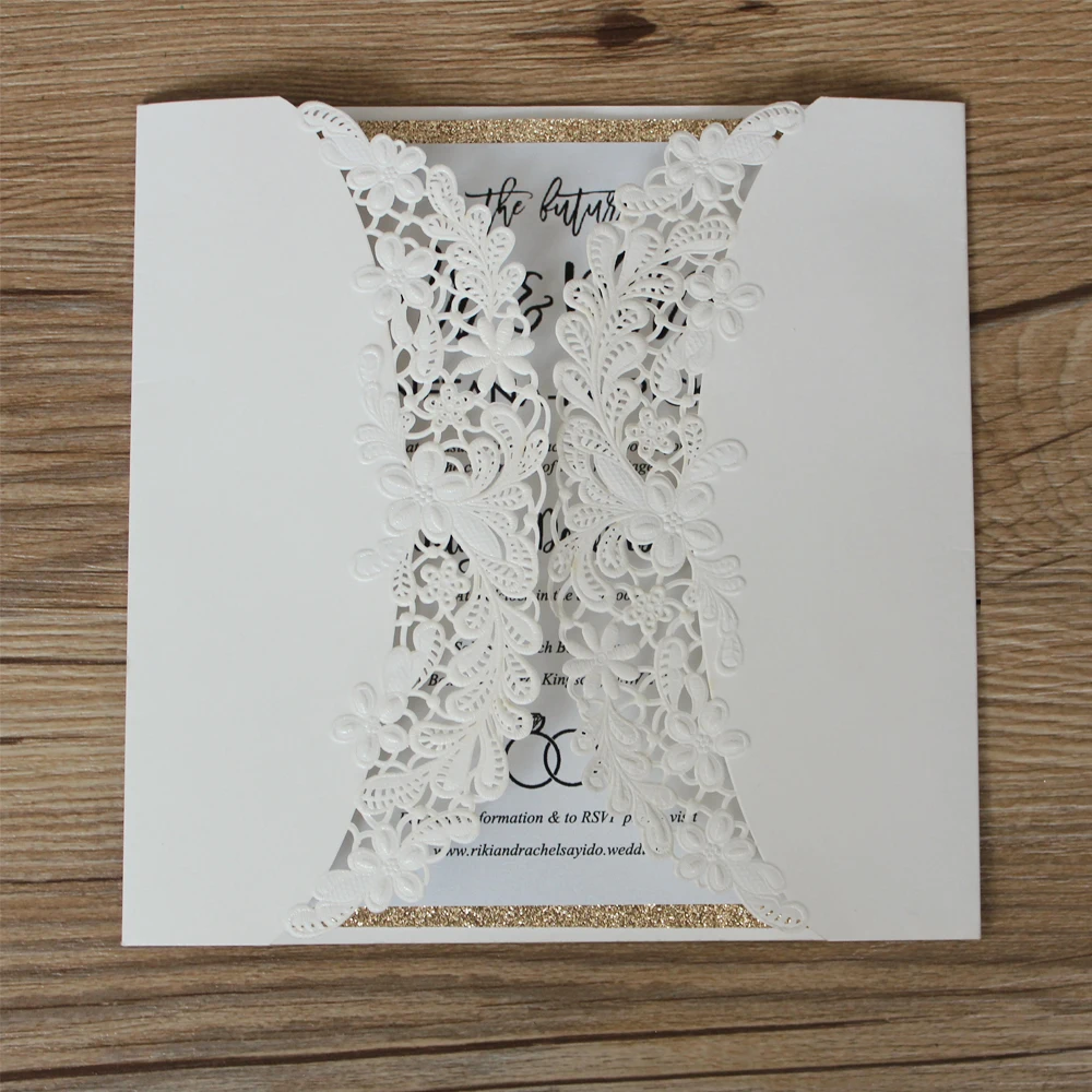  Elegant White Wedding Invitation Customized Invitations Personalized Invitation Cards with Gold Lin - 32870950690
