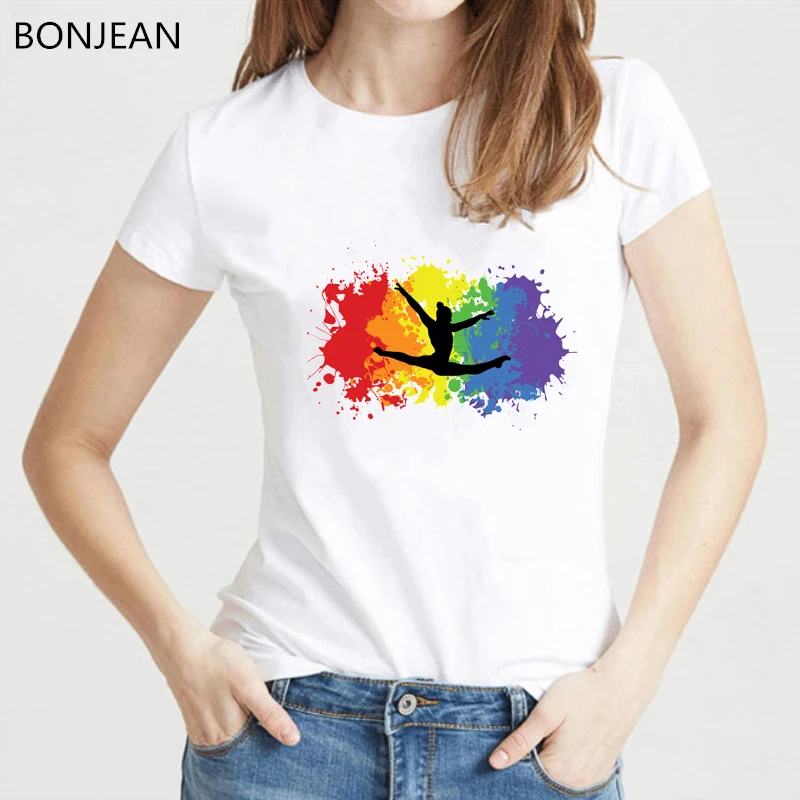 

Rainbow Gymnast printed tshirt women watercolor gymnastics design tee shirt femme harajuku kawaii clothes tops drop shipping