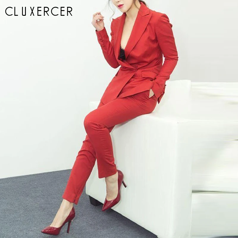 

Korean Fashion Women Red Blazer Suits Long Sleeve Single- Breasted Blazer Pants Suit Office Ladies Two Piece Set