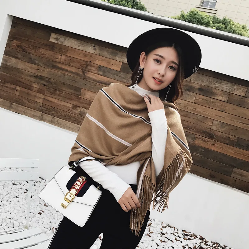 

Scarves Women 2018 Striped women shawl winter Double-sided Thickening Warm Retro Folk New Style Tassel Shawl Dual-purpose