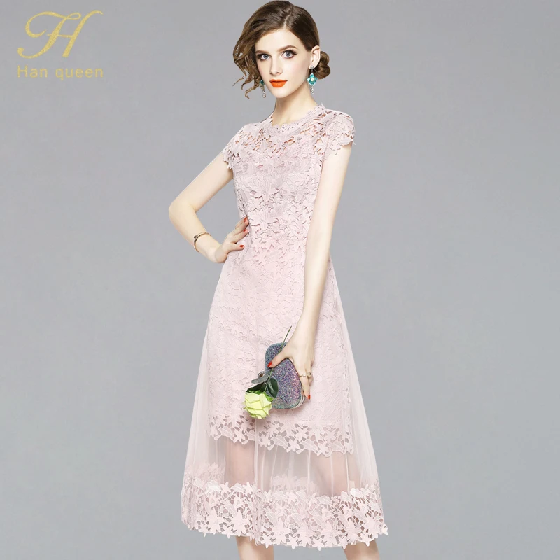 

H han queen Sexy Pink Women Summer Dress 2019 Hollow Out Mesh Dresses Elegant Slim O-neck Evening Party Vintage Lace Vestidos