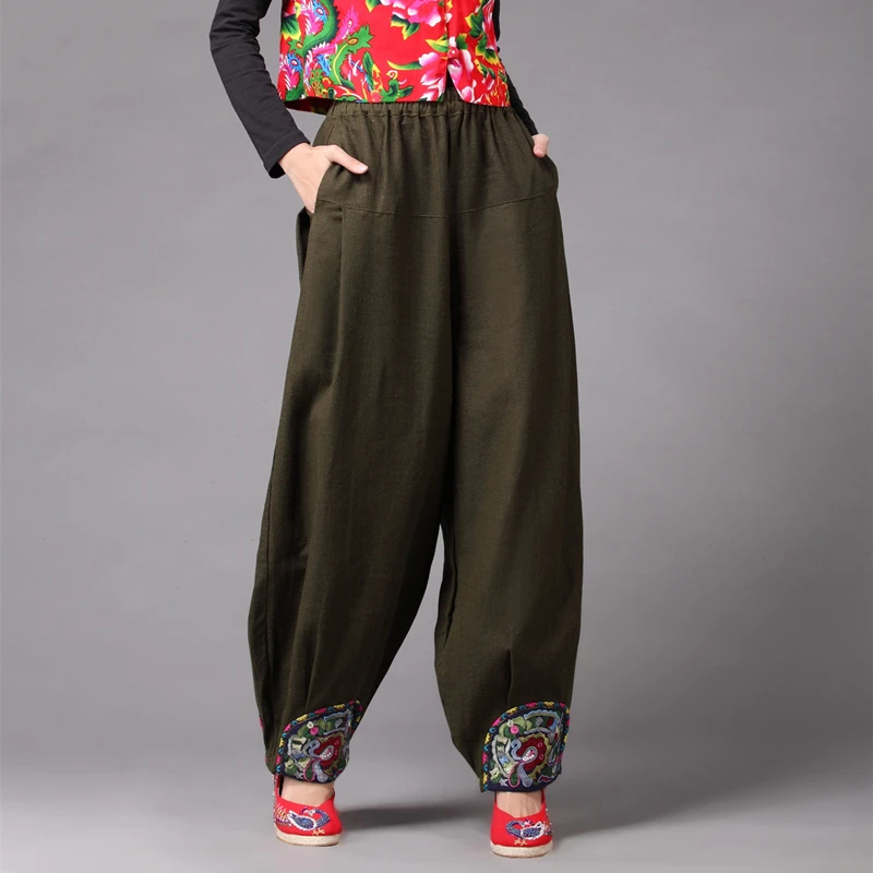 

LZJN 2019 Summer Autumn Linen Pant for Women Wide Leg Bloomers Embroidery Hem Ethnic Long Trousers 4 Colors Flax Baggy Pants
