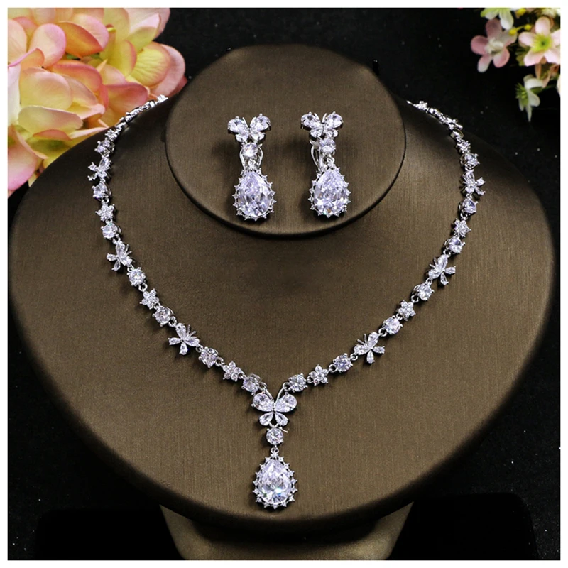 

Floral Wedding Necklace Earrings Bracelet Set Zircon Anniversary Jewelry Sets Wedding Necklaces and Earrings for Women