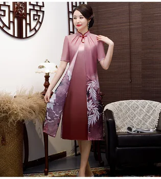 

Printed Flower Improved Vintage Evening Dress Traditional Chinese Women Cheongsam Classic Slim Chiffon Stage Show Noble Qipao