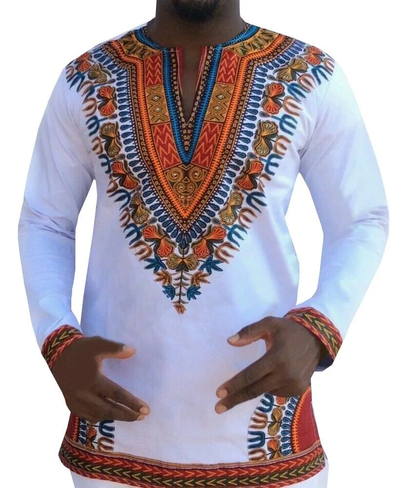 Африканская Мужская Дашики печать Сплит v-образным вырезом рубашка с длинными рукавами традиционная этническая Повседневная без