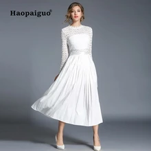 Solid Pleated White Dress Women O-neck Long Sleeve Dress Elegant for Women Hollow Out Lace Patchwork Big Swing Midi Dress Ladies ladylike style solid color scoop neck lace long sleeves slimming burnt out dress for women