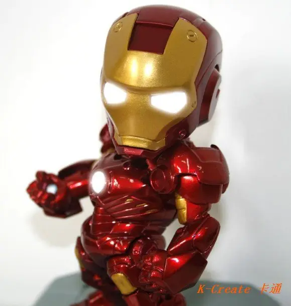 

Free shipping Newest 1pcs Q version Avengers Iron Man with light pvc figure toy tall 15cm.Independence light on hand head chest