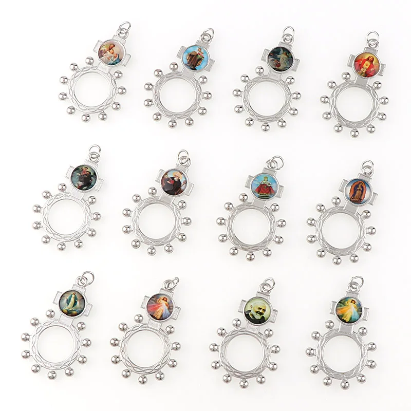 

6pcs Multicolor Religious Catholic Orthodox Round Rings Duplex Enamel Alloy Rings rosaries Ring with Single lap
