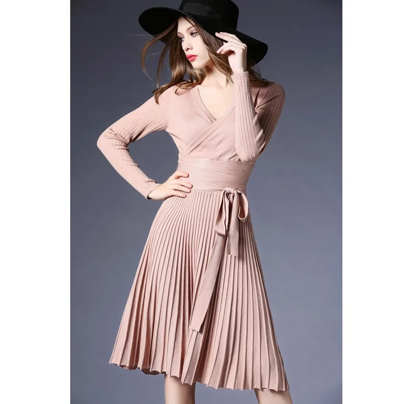 

Zmvkgsoa 2017 New Long sleeve V-neck Vintage Dresses Autumn Women Elegant Fold Pleated Swing Office Knitted Dress Vestido Y1391