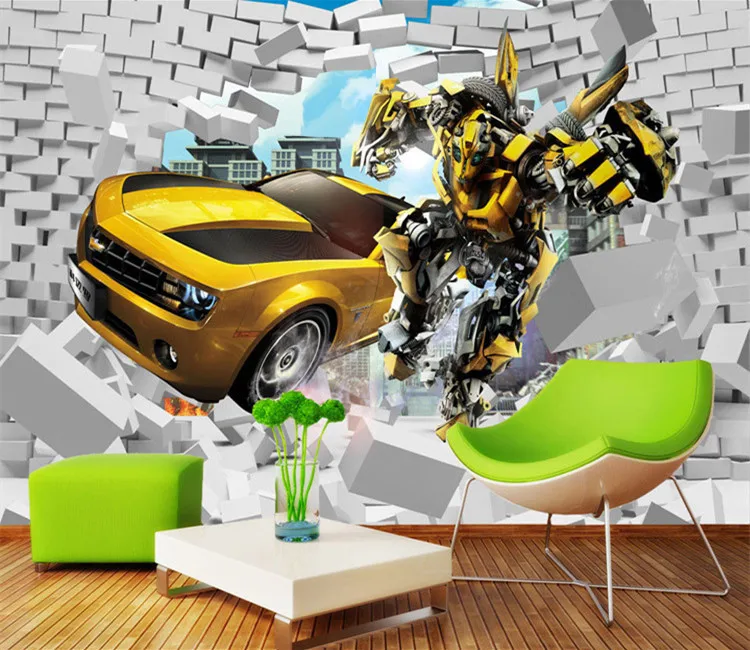 3d الرجعية الإبداعية سيارة كسر ورق حائط المحولات الأطفال غرفة السرير حائط الخلفية الديكور سيارة المعرض جدارية