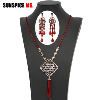 

SUNSPICE-MS handmade natural stones bead earring necklace set for women High quality Morocco antique gold color wedding jewelry