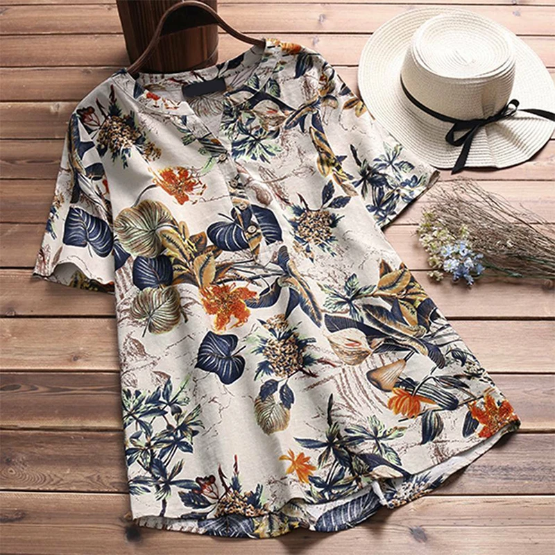 Women Linen Blouse Shirt 2019 Summer Short Sleeve Button Tops Women's V-Neck Floral Printed Casual Loose Shirts Femme Blusas