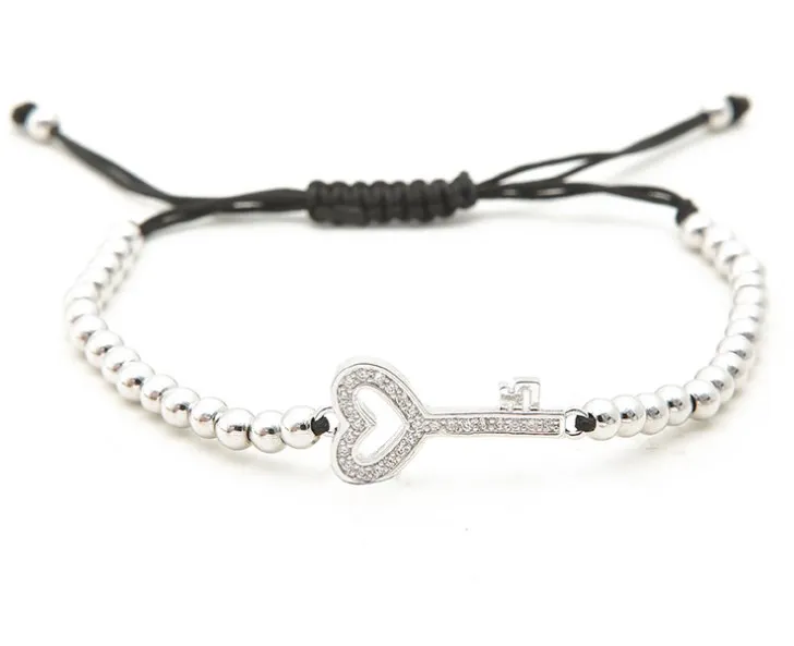 

gold silver micro pave cz Cubic Zirconia rope adjusted Copper Beads Bracelet xt43 key Charm Braided Bangles Women