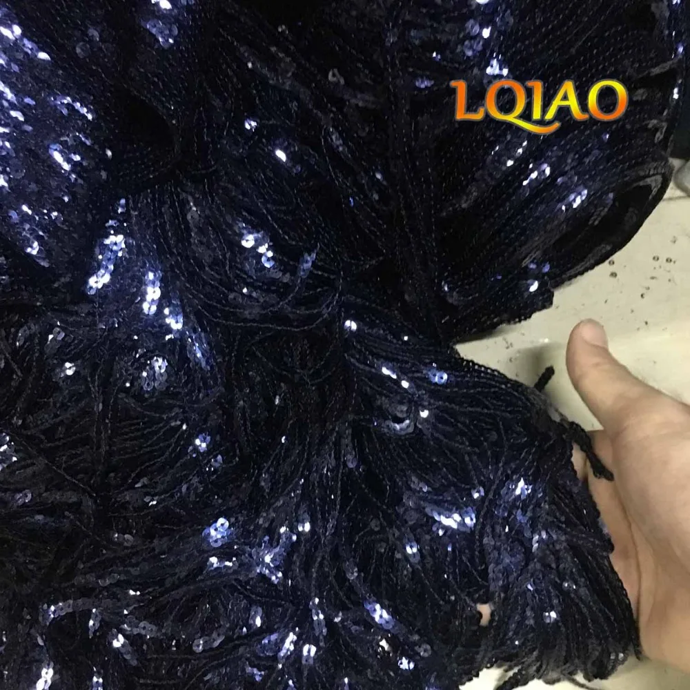 Navy Blue Tassel Sequin Fabric