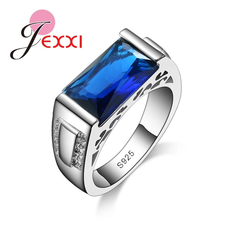 

Rectangle Blue Crystal Fashion Ring Vintage Wedding Rings For Women 925 Sterling Silver Jewelry Hollow Design