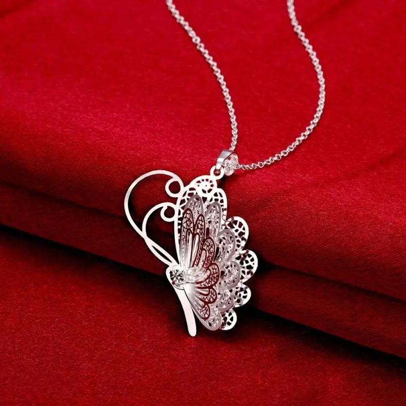 

2018 Fashion Bohemian 3D Crystal Rhinestone Silver Plated Butterfly Wings Necklace Long Chain Sweater Pendant Collar 925 Jewelry