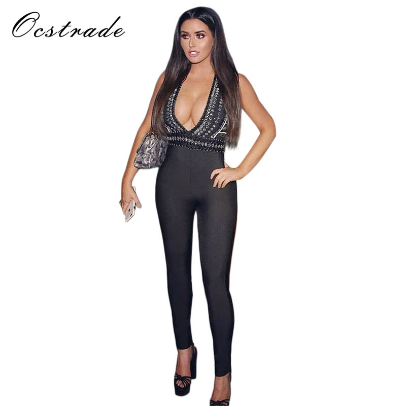 

Free Shipping Fashion Women Sexy Deep v Hollow Out Black Bodycon Bandage Jumpsuit HL with Embellishments