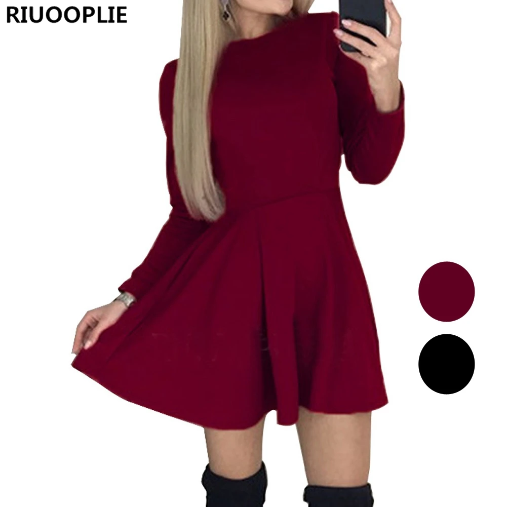 

RIUOOPLIE Womens Spring Casual Dress Fit Flare Long Sleeve Mini Party Black Red