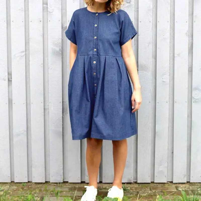 Celmia Summer Dress Casual Women Denim Pleated Dress Short Sleeve Button Down Party Vestido Mujer Kaftan Plus Size Sundress - Цвет: Dark Blue