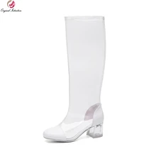 Оригинальное предназначение; пикантные женские летние сапоги до колена; прозрачные сапоги из ПВХ с квадратным носком; красивая обувь черного и белого цвета; женская обувь; американские размеры 4-8,5