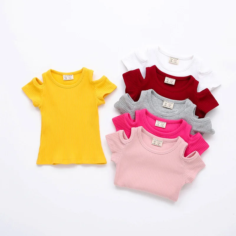 New Summer Baby Girls Candy Color Off-shoulder Short Sleeved Kids T-shirt Cotton Clothes Tops Cute New Cute T-shirt