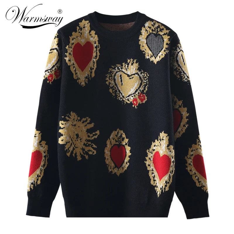 Vintag High Quality Knitted Sweater Autumn Winter Pullover Gem Heart Lurex Jacquard Knitwear Korean Loose Jumper C-428