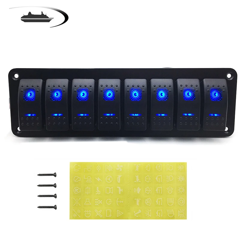 

off-on 8 Gang Rocker Switch Panel 12V Waterproof Toggle Switch Blue LED Light fit Car Boat Marine Yacht Dual USB Char