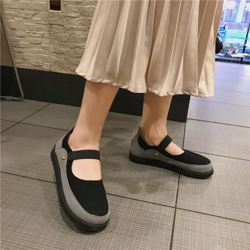 

EOEODOIT 2019 Spring Summer Retro Leather Flats Women Big Wide Toe Elastic Buckle Flat Heel Student Shoes Sneakers Patchwork