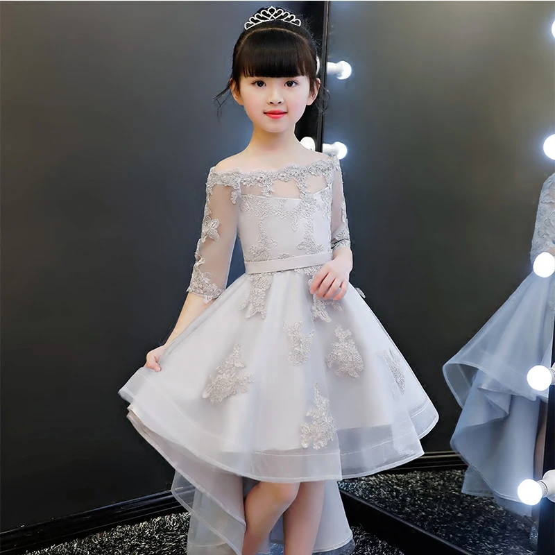 

Children Girls New Princess Shoulderless Gray Color Birthday Holiday Party Tail Dress Babies Kids Host Tutu Pageant Mesh Dress