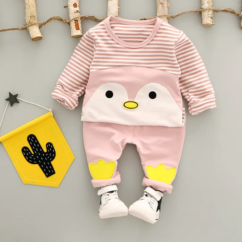 JIOROMY/Коллекция года, весенний Детский комплект для малышей, полосатая футболка с длинными рукавами и рисунком пингвина+ штаны комплект из 2 предметов модная детская одежда, 3 цвета, k1