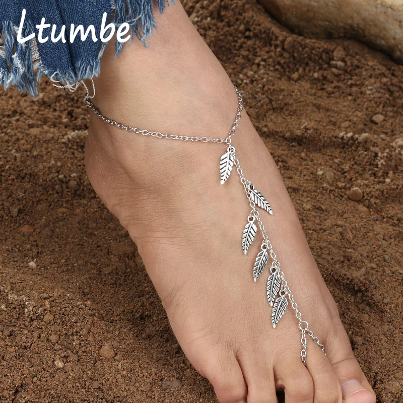 

Ltumbe Vintage Bohemian Leaves Tassel Anklets for Women Sexy Barefoot Jewelry Simple Style Long Chain Toe Foot Bracelets Bijoux